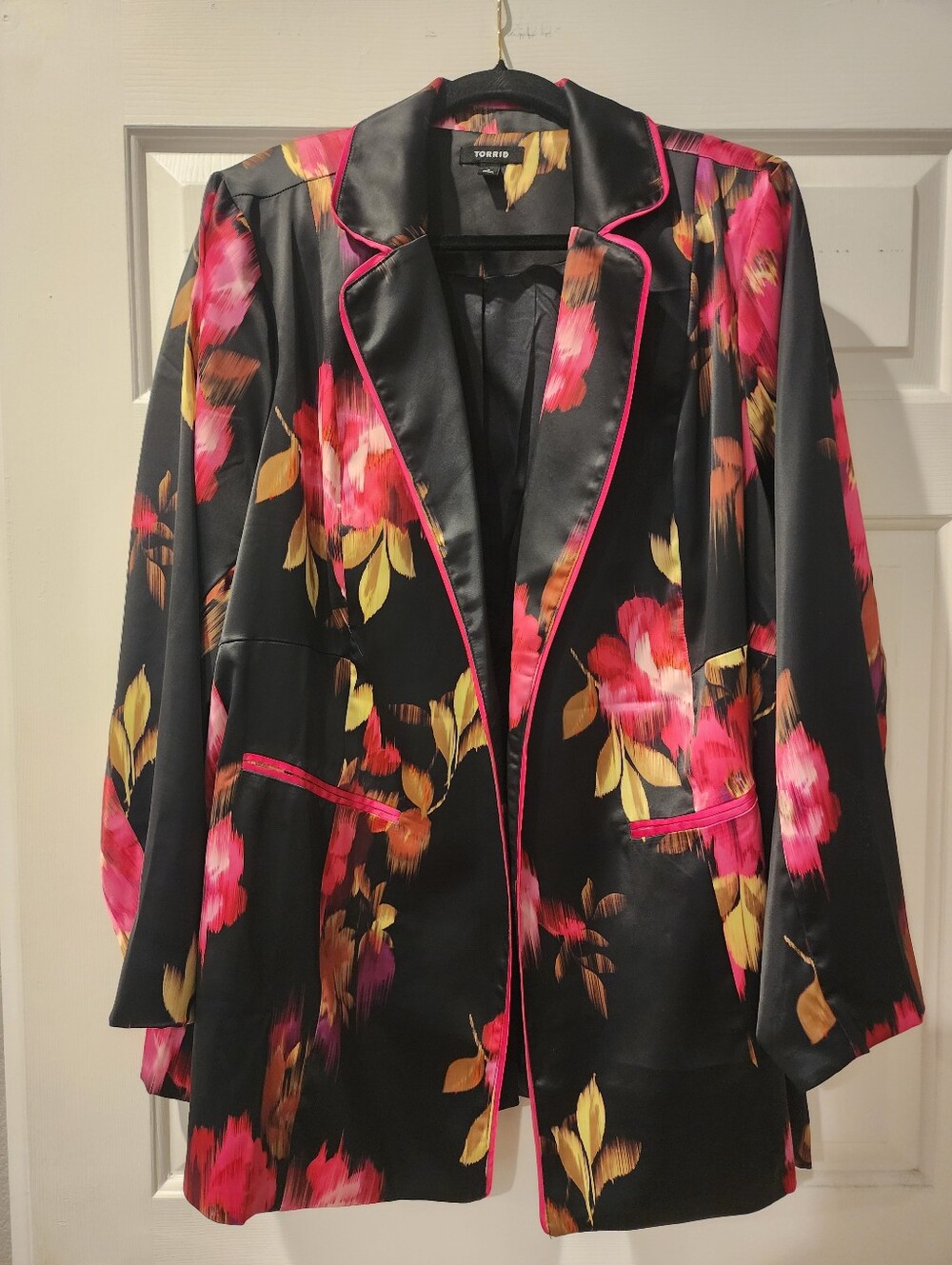 Never Worn Black Floral Satin Blazer Jacket - Pink & Yellow
